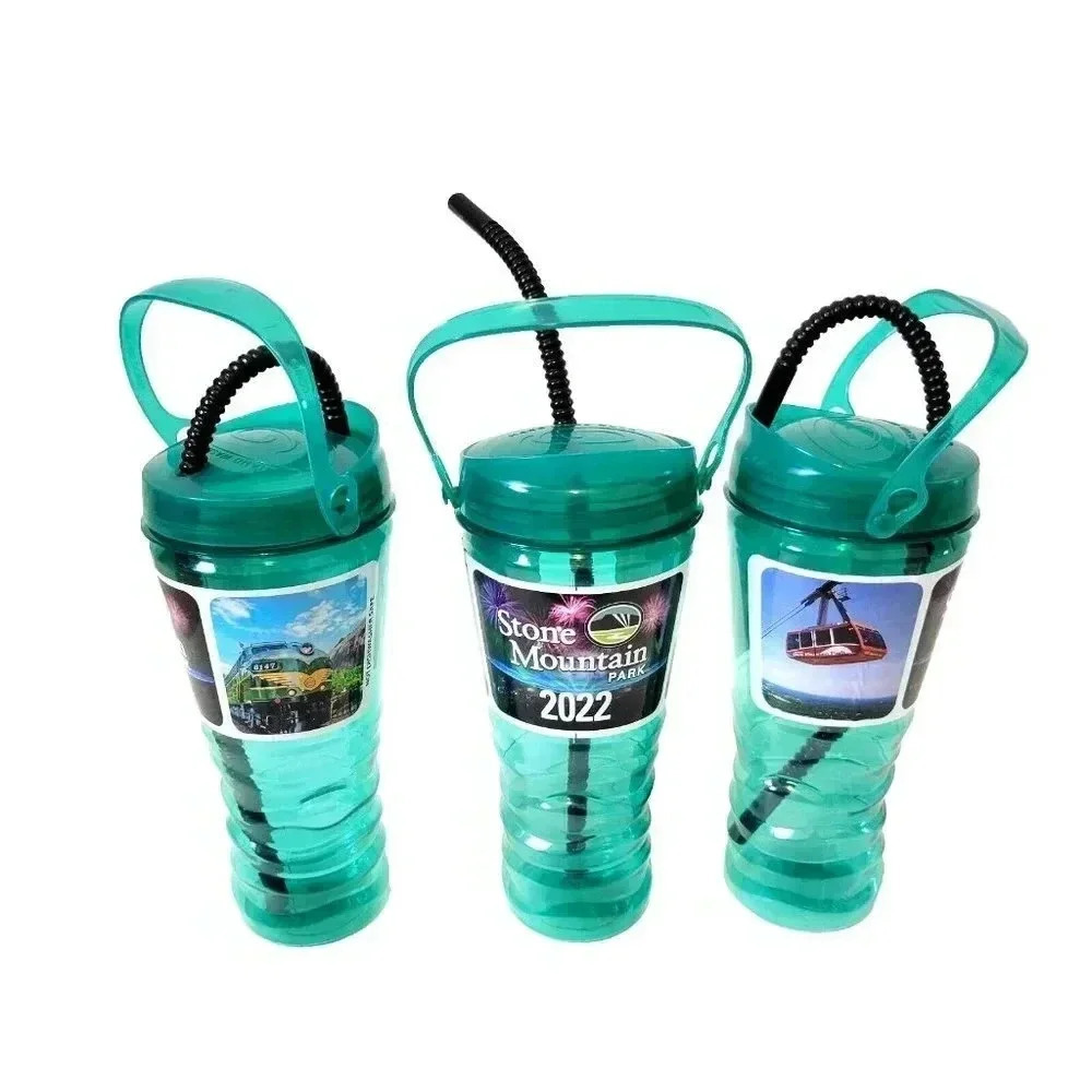 2022 Stone Mountain Park Souvenir Tumblers Lot of 3 Carry Handle Straw Plastic
